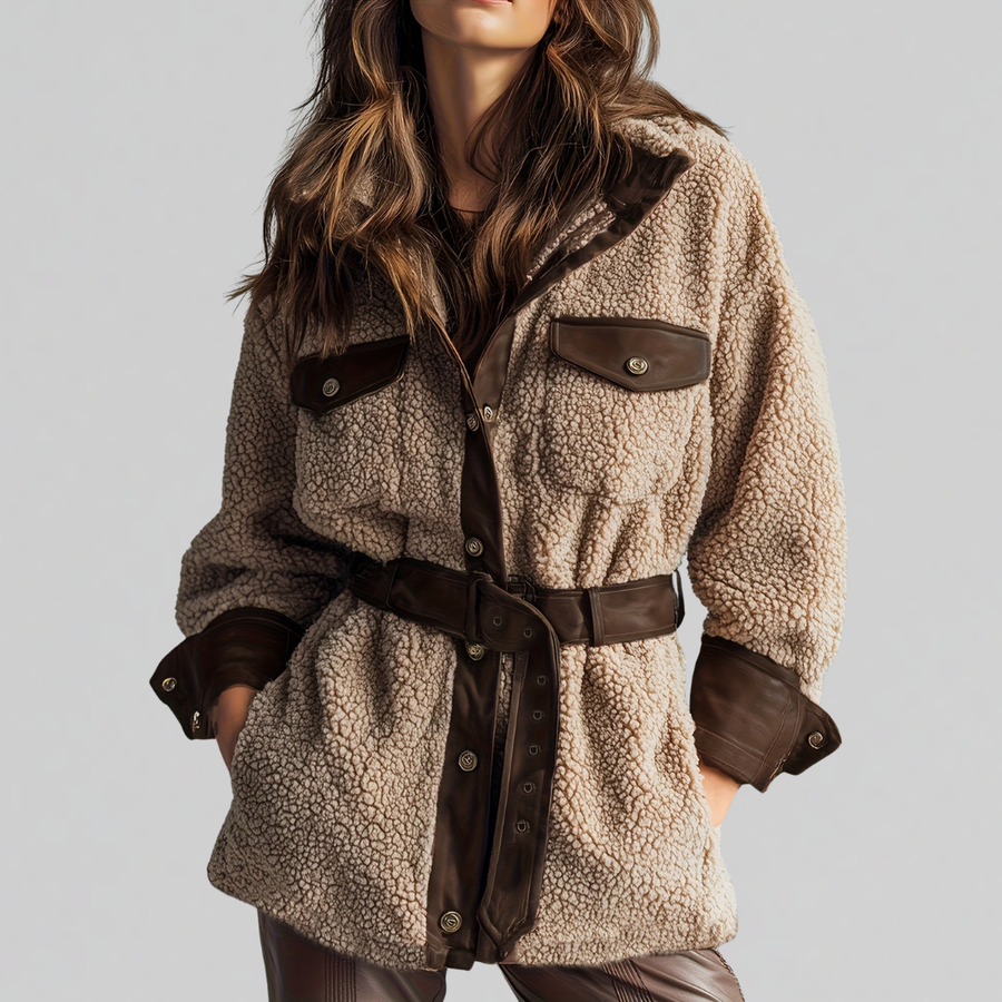 Teddyjacke Damen locker geschnitten, hüftlang mit Gürtel - Beige