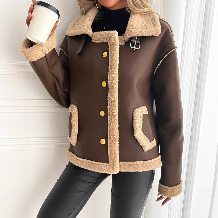 Teddyjacke Damen aus Kunstleder mit Teddyfellfutter und Knopfleiste - Braun