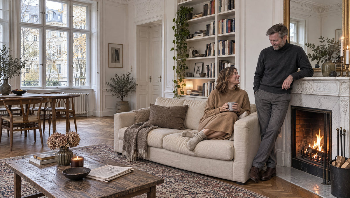 Paar in Strick in einem Wohnzimmer mit Marmorkamin