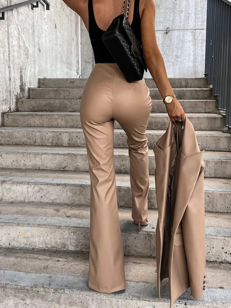 High-Waisted Faux Leather Flared Trousers - Khaki
