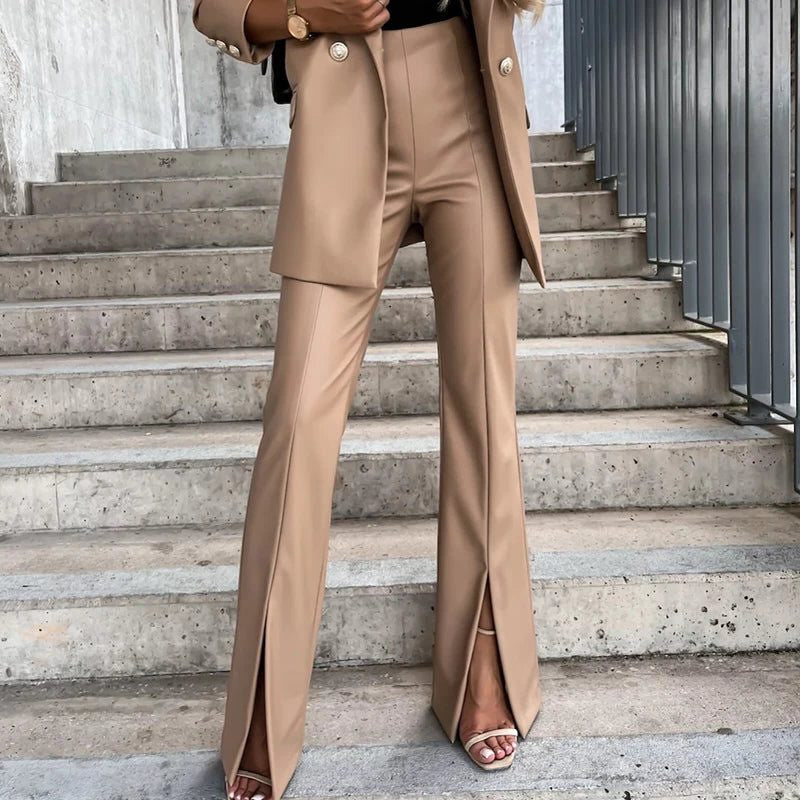 High-Waisted Faux Leather Flared Trousers - Khaki