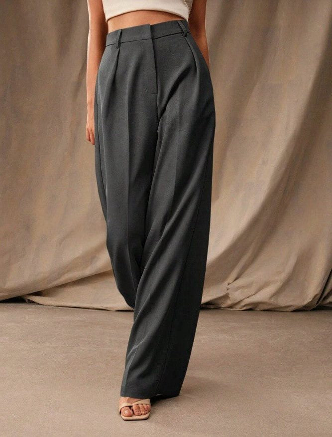High-Waisted Tailored Trousers with Front Pleats - Dark Grey