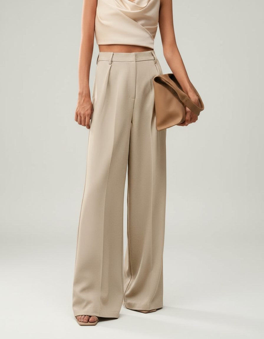 High-Waisted Tailored Trousers with Front Pleats - Beige