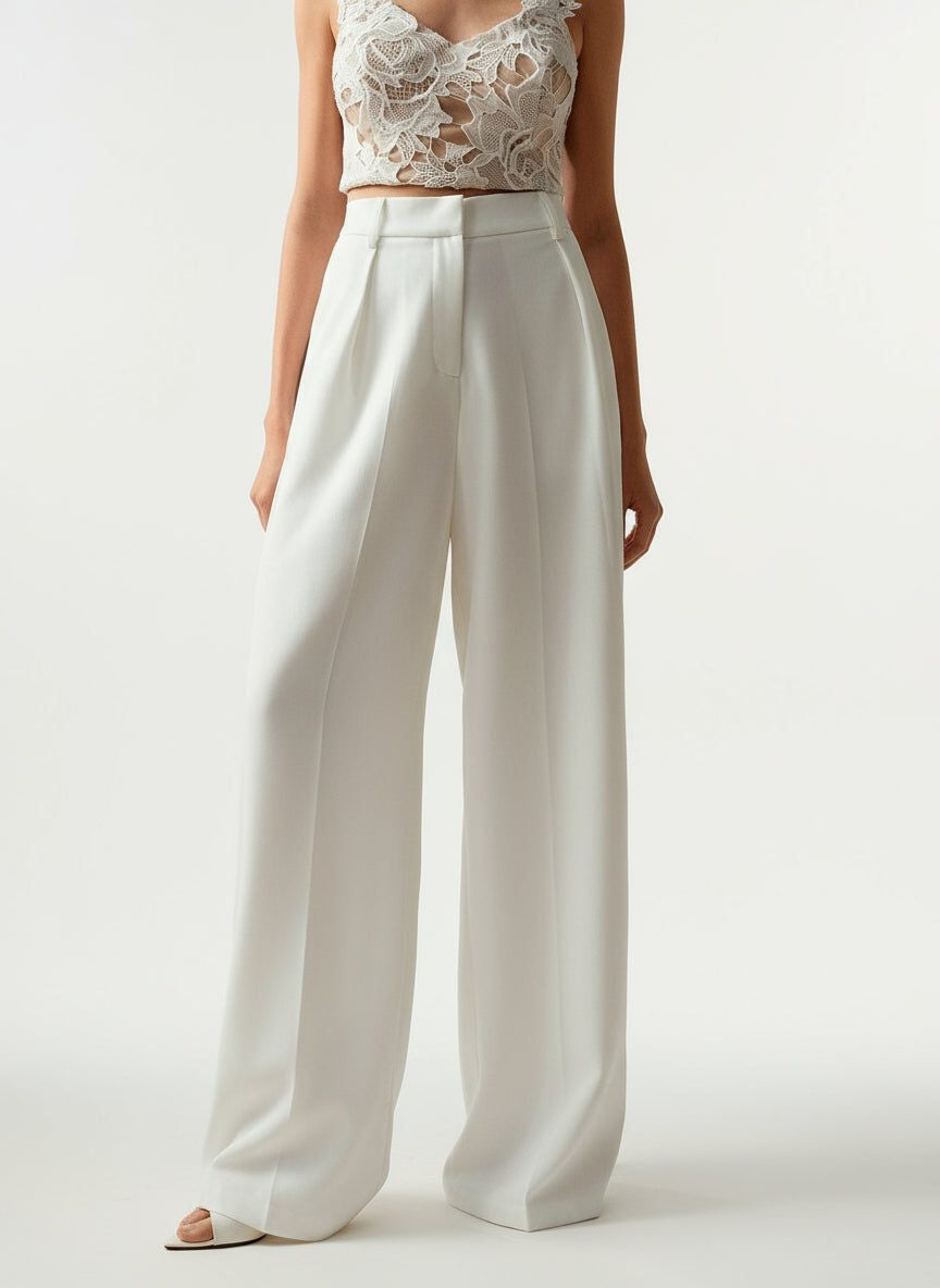 High-Waisted Tailored Trousers with Front Pleats - White