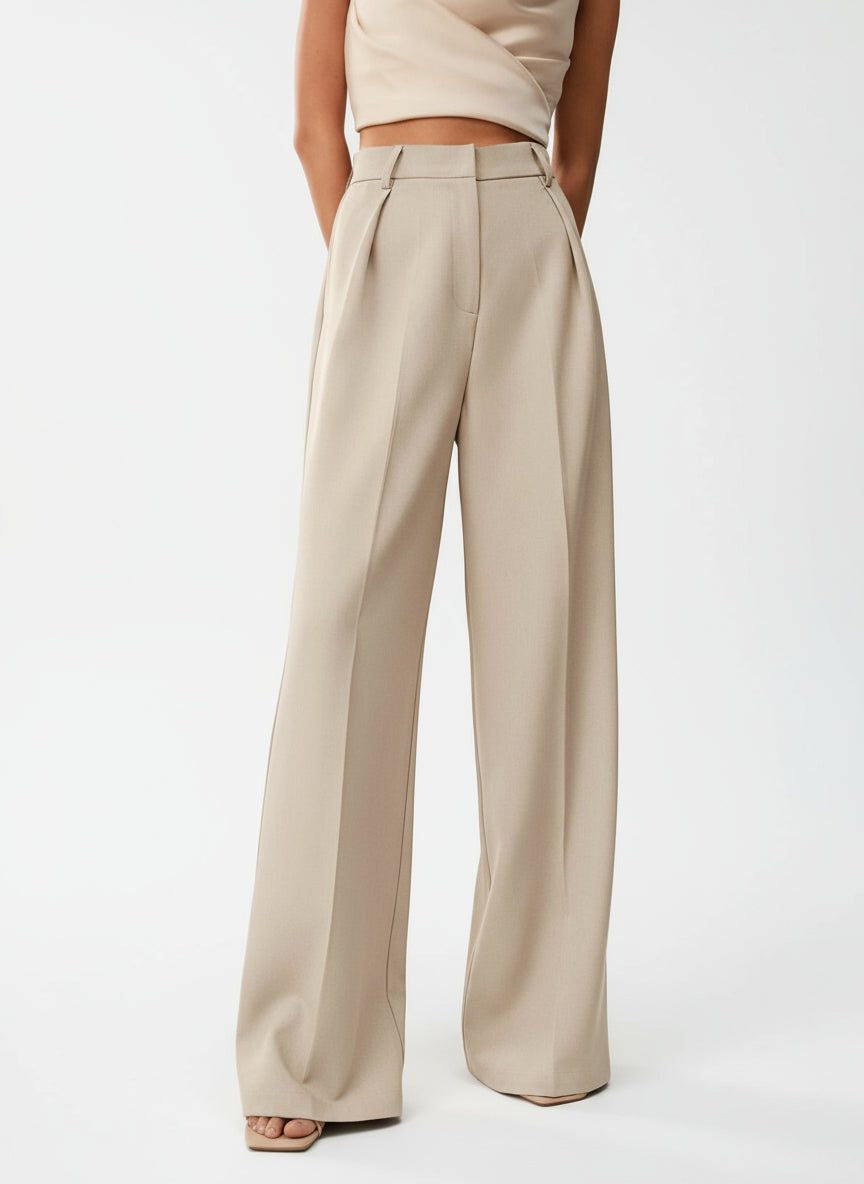 High-Waisted Tailored Trousers with Front Pleats - Beige