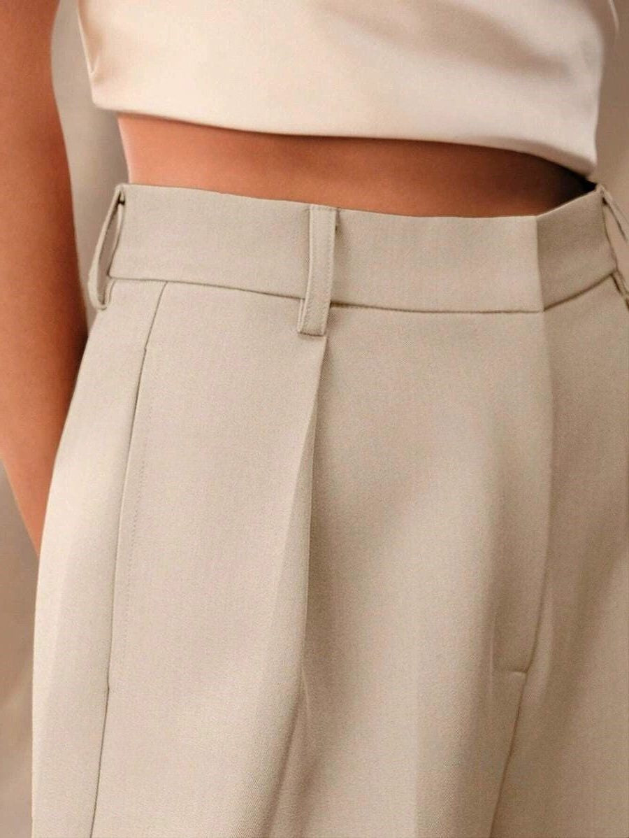 High-Waisted Tailored Trousers with Front Pleats - Beige
