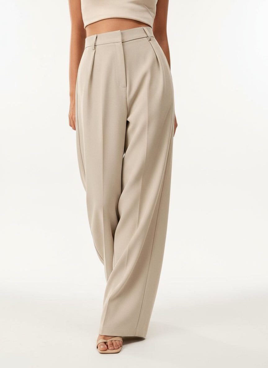 High-Waisted Tailored Trousers with Front Pleats - Beige