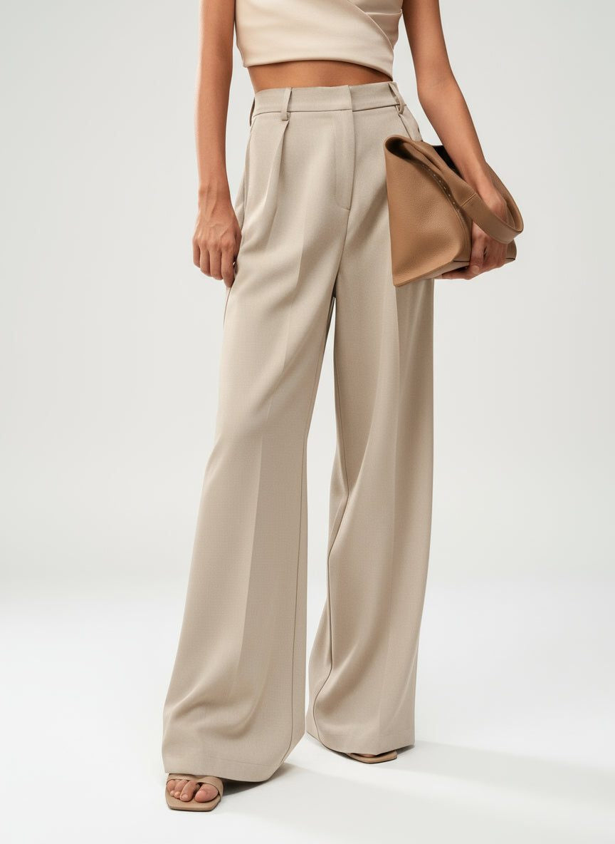 High-Waisted Tailored Trousers with Front Pleats - Beige