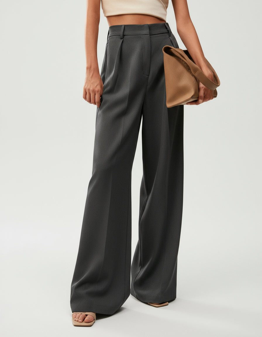 High-Waisted Tailored Trousers with Front Pleats - Dark Grey
