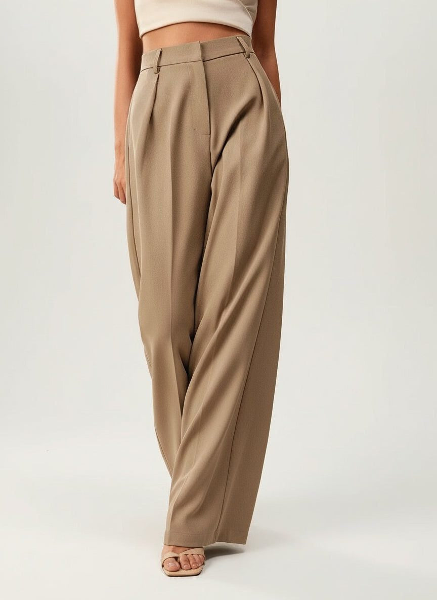 High-Waisted Tailored Trousers with Front Pleats - Camel