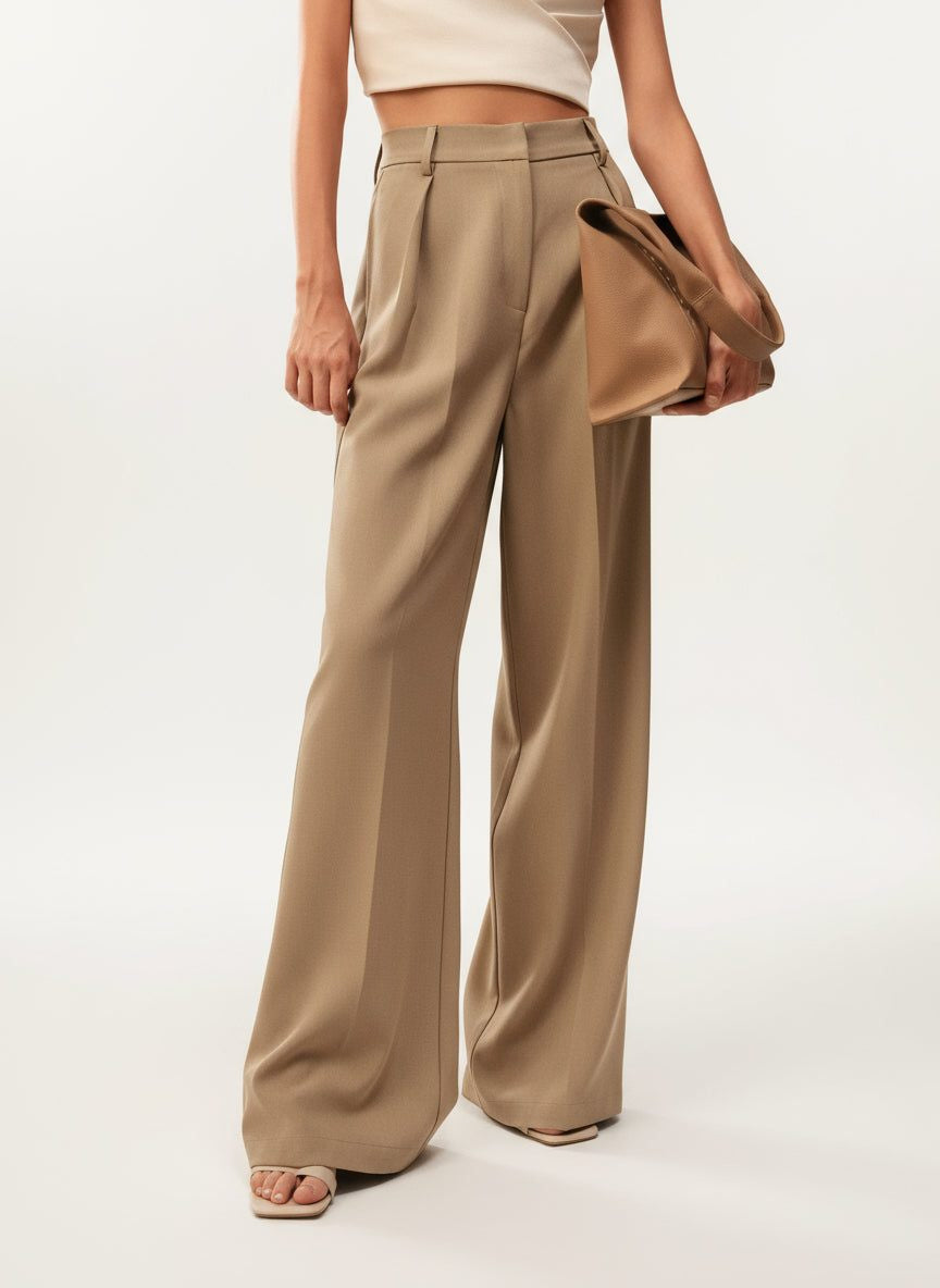 High-Waisted Tailored Trousers with Front Pleats - Camel