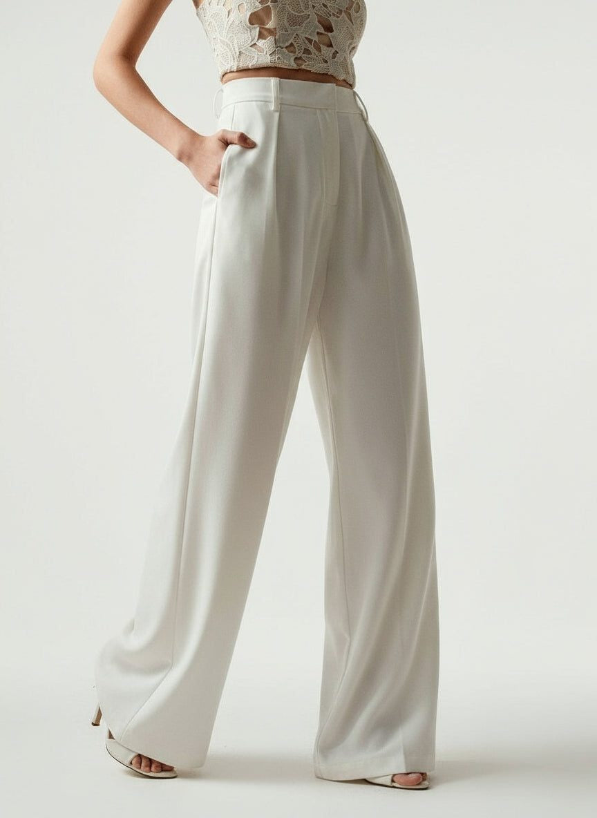 High-Waisted Tailored Trousers with Front Pleats - White