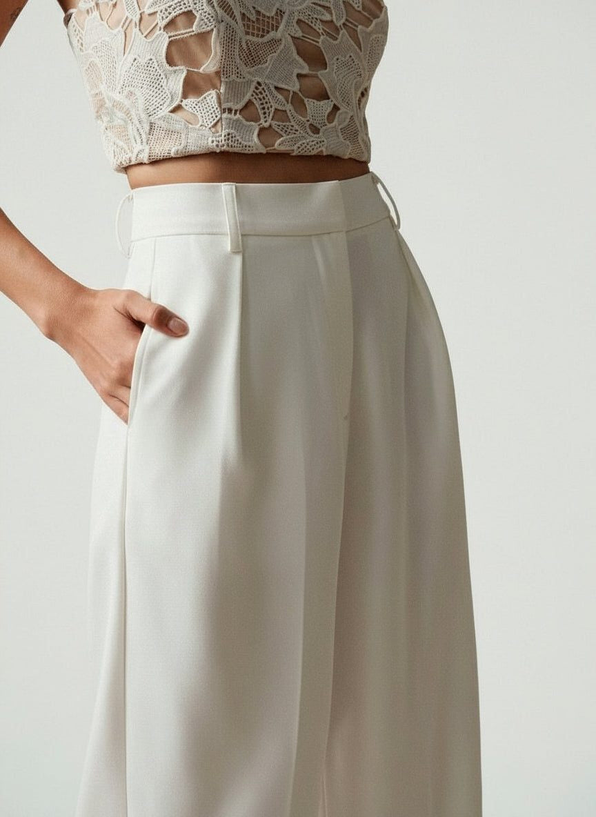 High-Waisted Tailored Trousers with Front Pleats - White