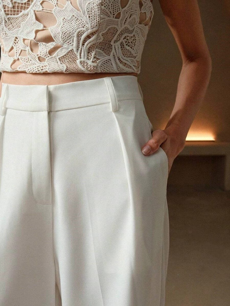High-Waisted Tailored Trousers with Front Pleats - White