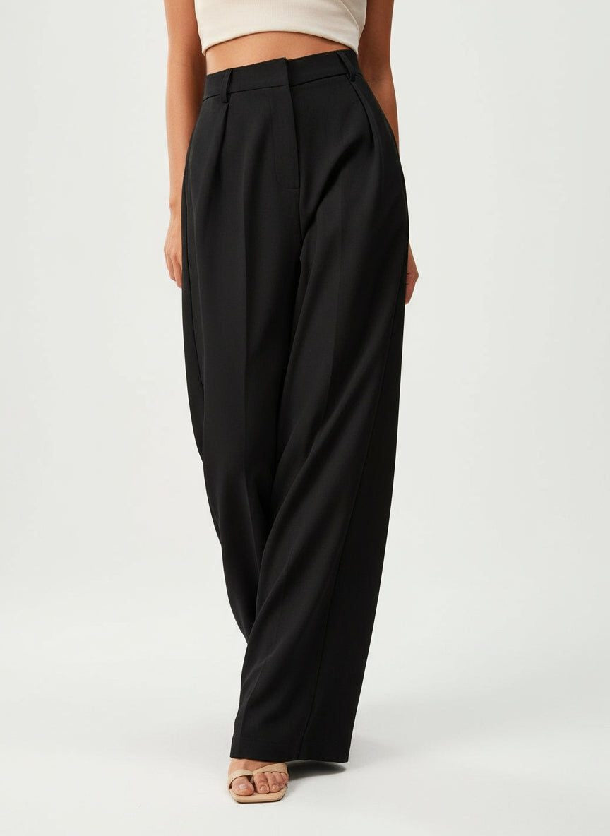 High-Waisted Tailored Trousers with Front Pleats - Black