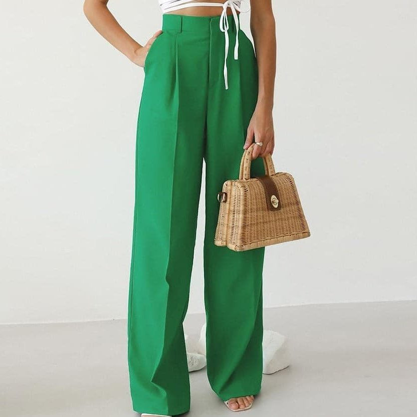 Pleated Wide-Leg Trousers with Drawstring Waist - Green