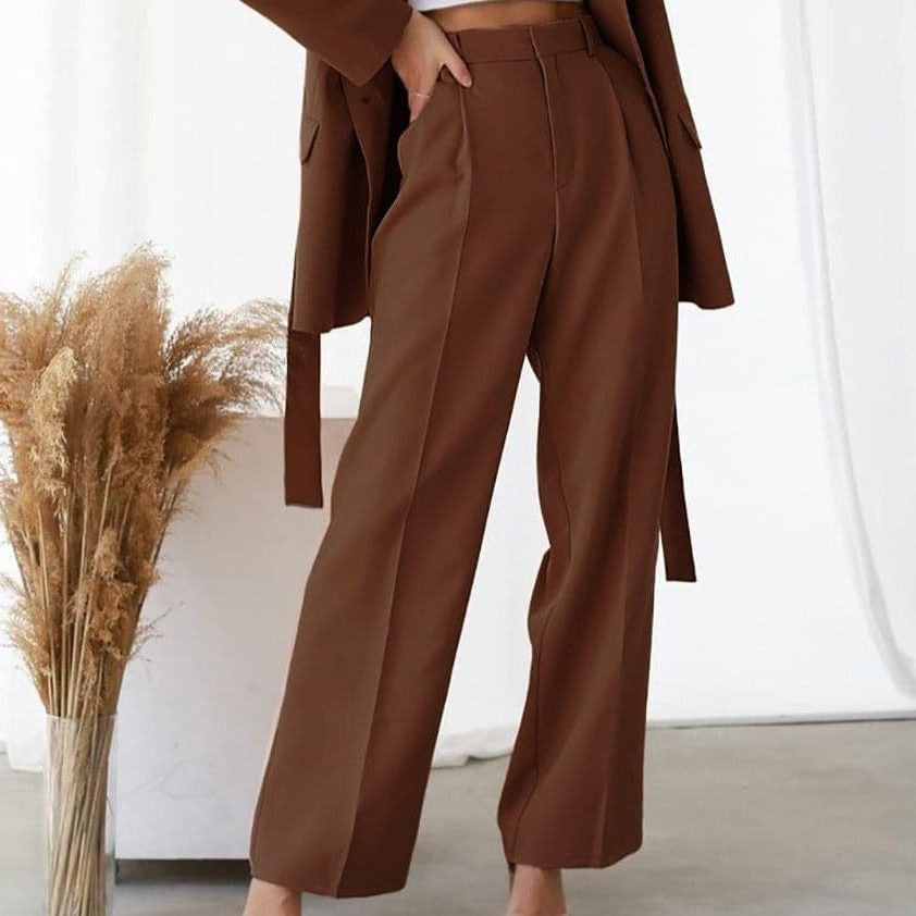 Pleated Wide-Leg Trousers with Drawstring Waist - Brown