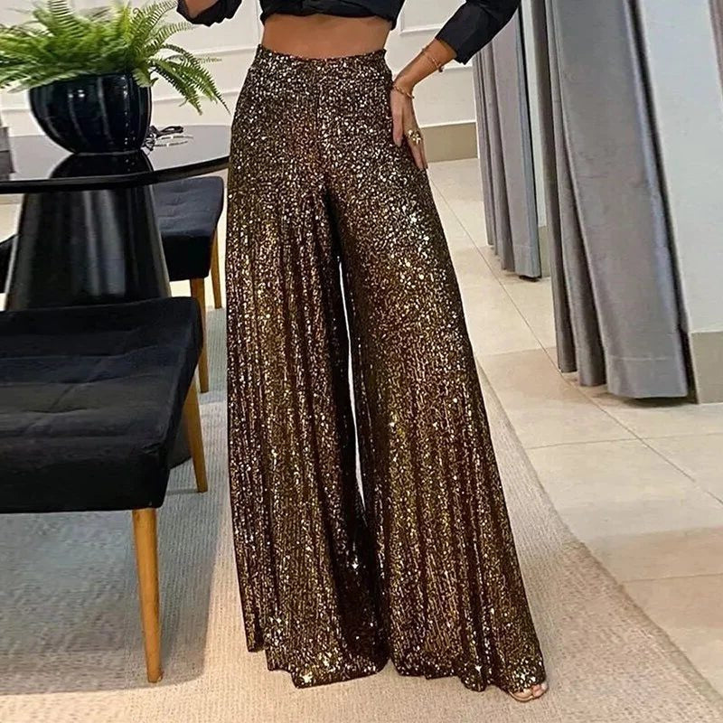 Sequin Wide-Leg Trousers - Dark Brown