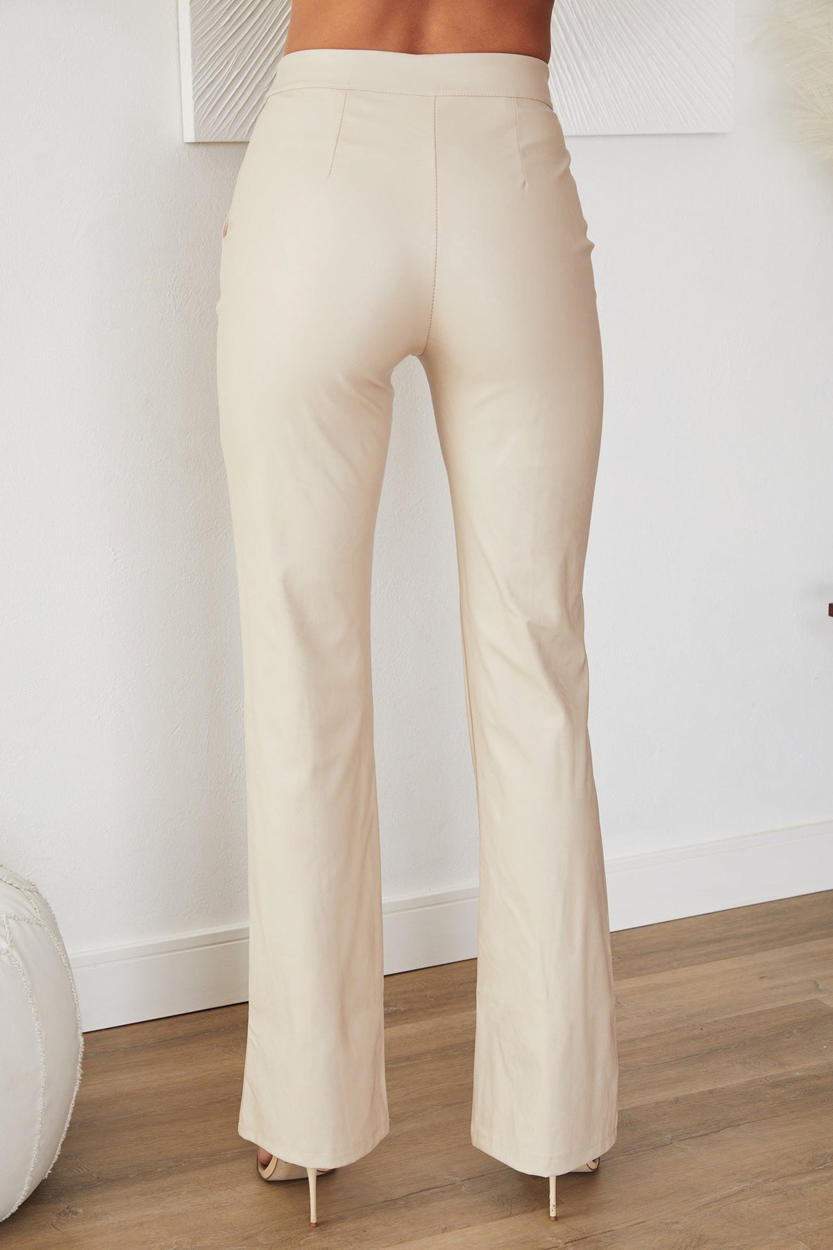 Faux Leather Straight-Leg Trousers - Beige