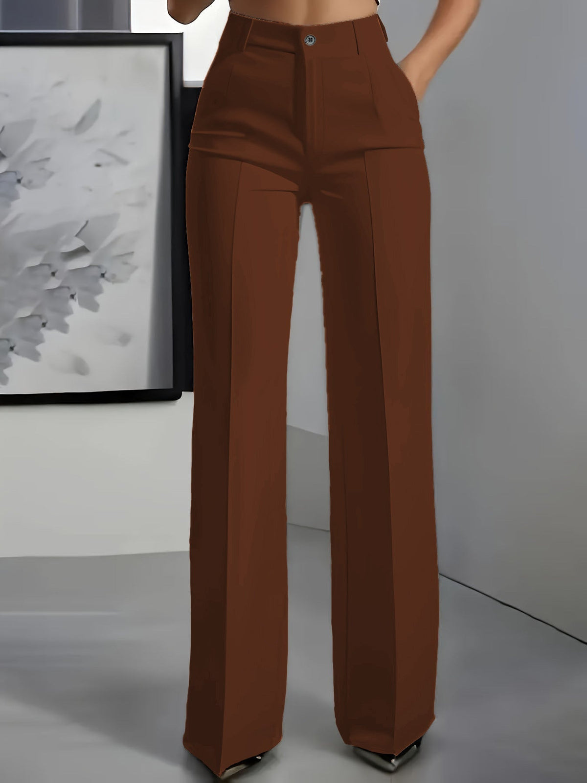 High-Waisted Wide-Leg Tailored Trousers - Brown
