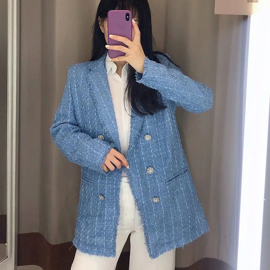 Tweed Blazer Damen aus Bouclé, gefüttert, lang und zweireihig