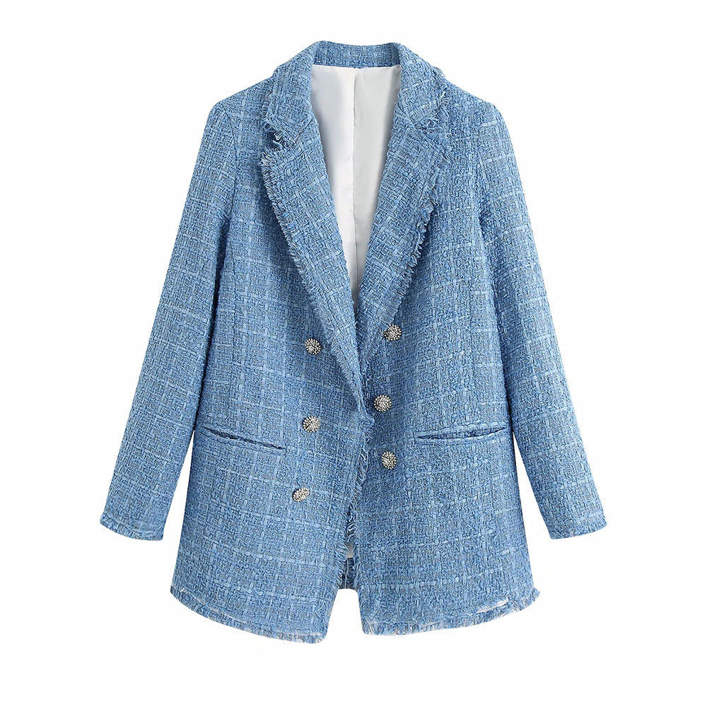 Tweed Blazer mit Fransen und Zierknöpfen für Damen