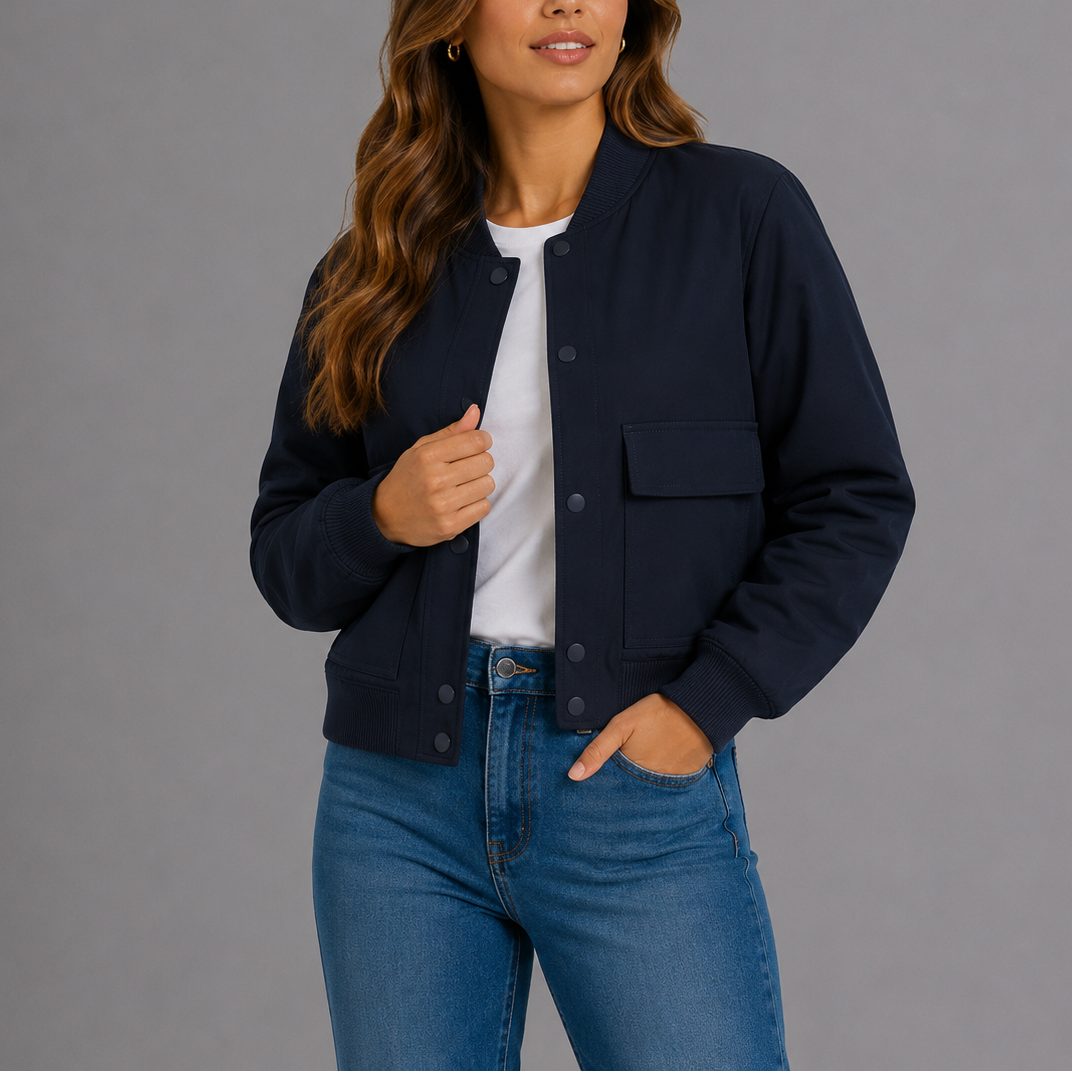 Bomberjacke mit Rippkragen und Pattentaschen für Damen - Marineblau