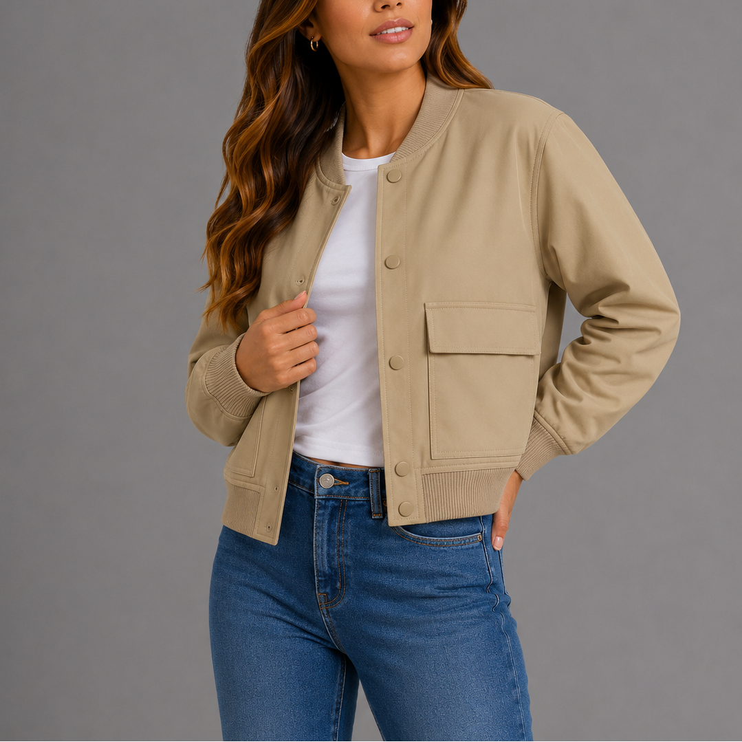 Bomberjacke mit Rippkragen und Pattentaschen für Damen - Beige