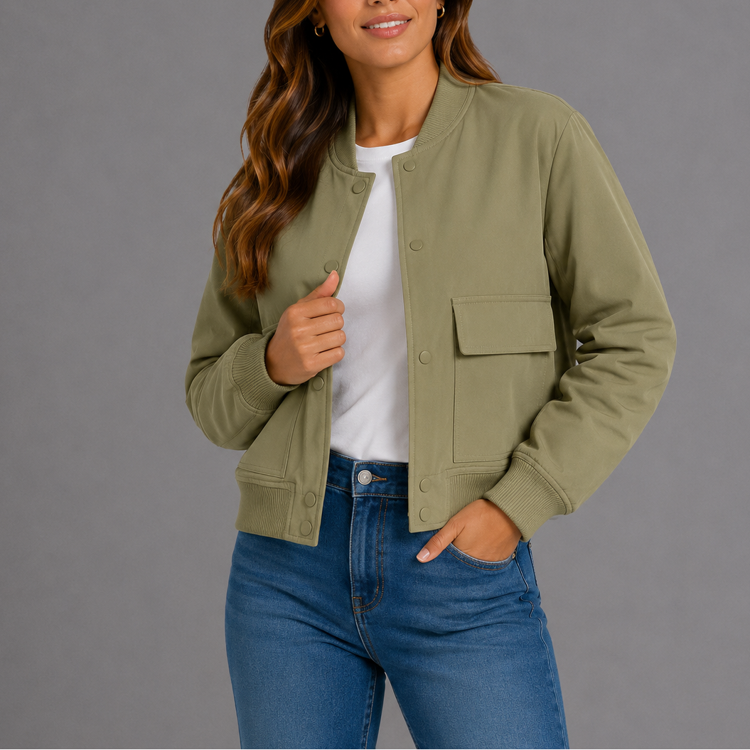 Bomberjacke mit Rippkragen und Pattentaschen für Damen - Grün