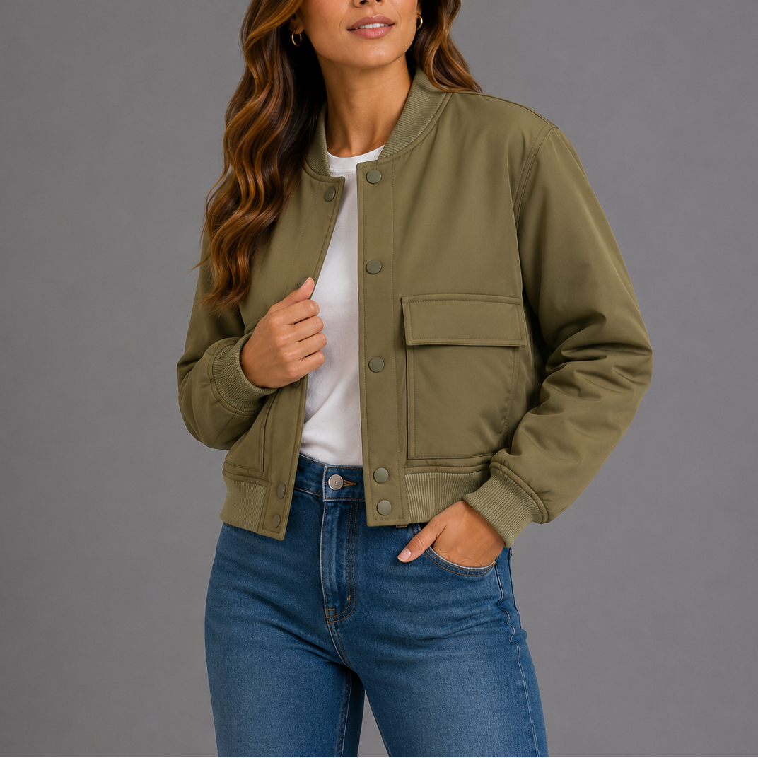 Bomberjacke mit Rippkragen und Pattentaschen für Damen - Olivgrün