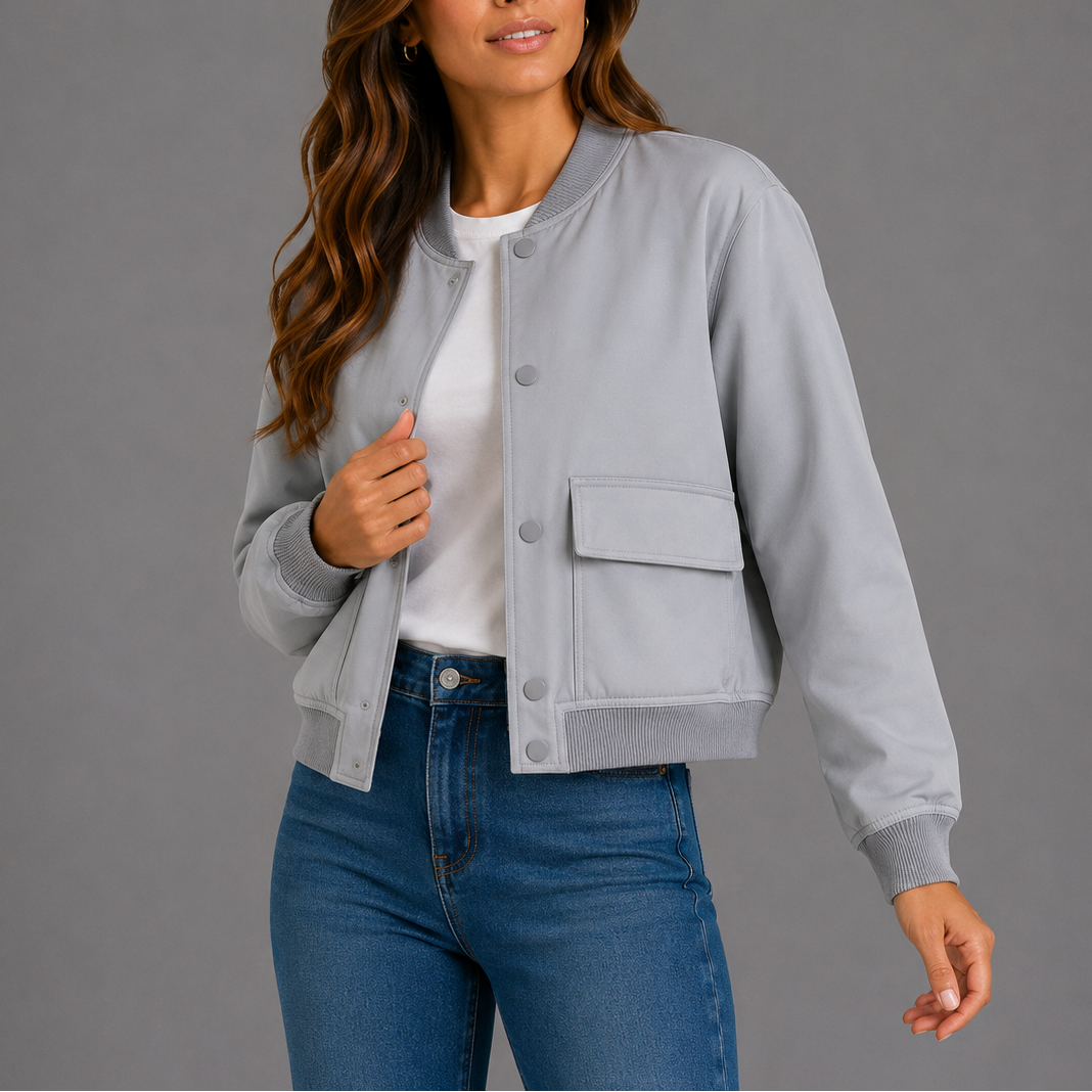 Bomberjacke mit Rippkragen und Pattentaschen für Damen - Grau