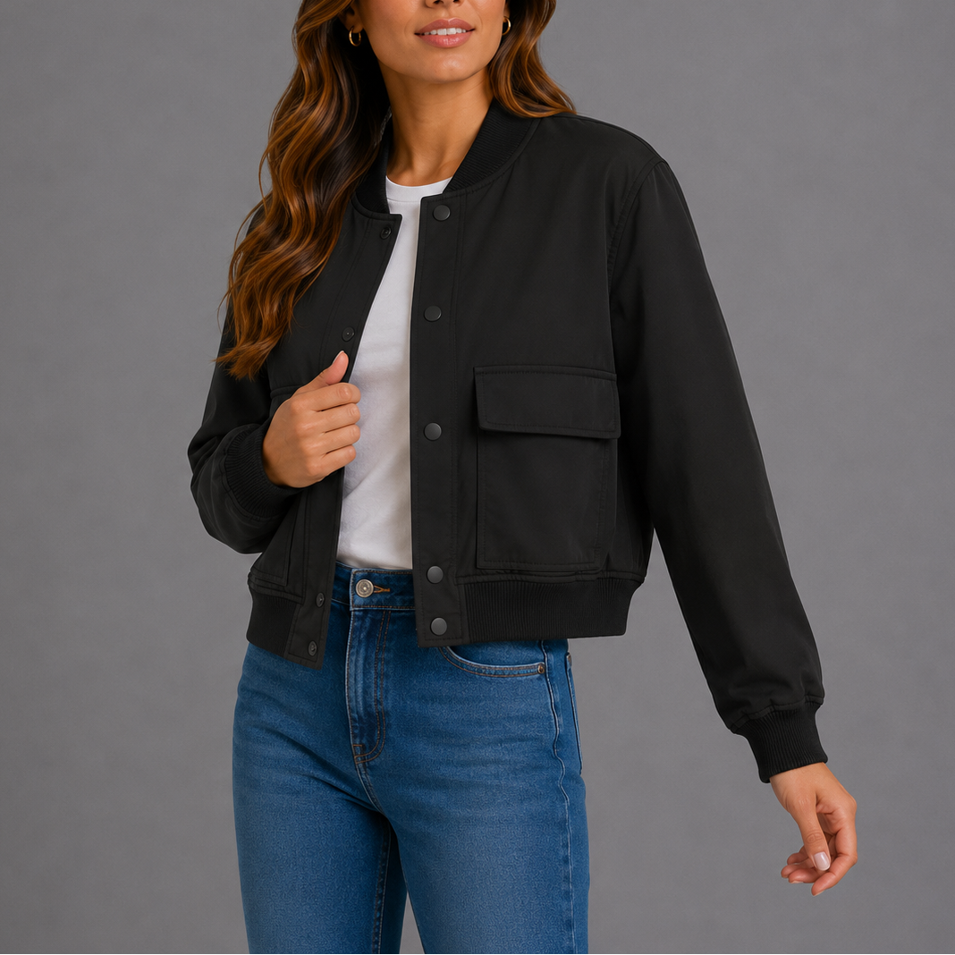 Bomberjacke mit Rippkragen und Pattentaschen für Damen - Schwarz