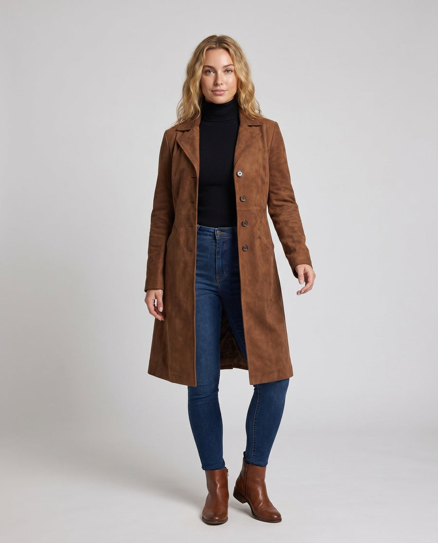 Wildledermantel mit figurbetontem Schnitt und Taschen für Damen