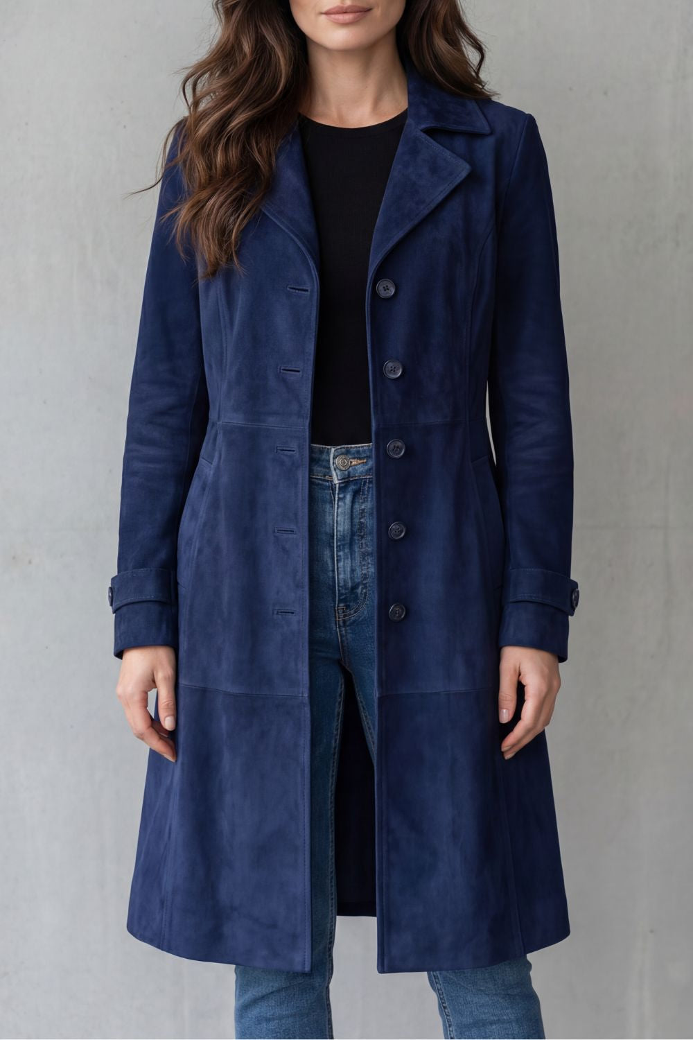 Wildledermantel in Wildlederoptik mit Revers für Damen - Marineblau