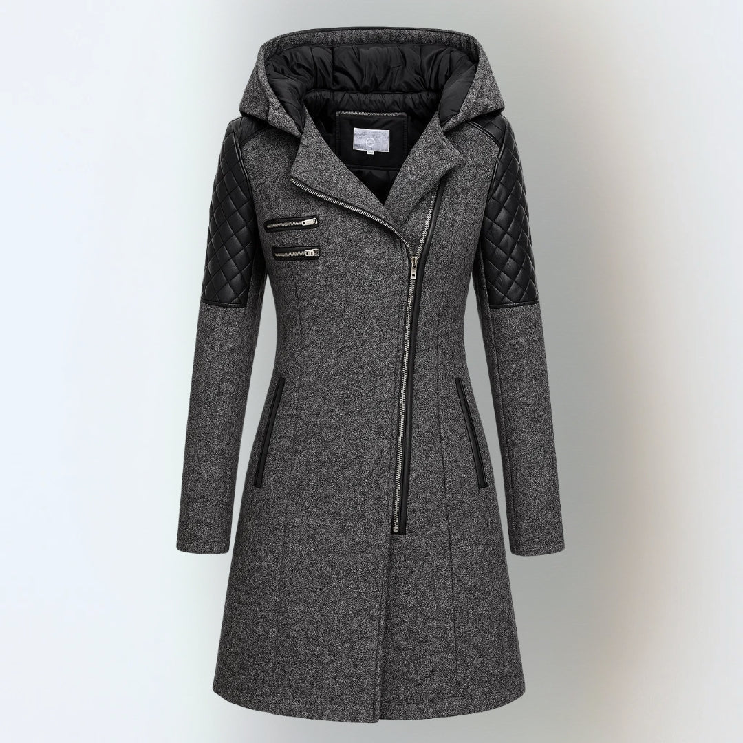Winterjacke mit Kapuze und schrägem Reißverschluss für Damen - Dunkelgrau