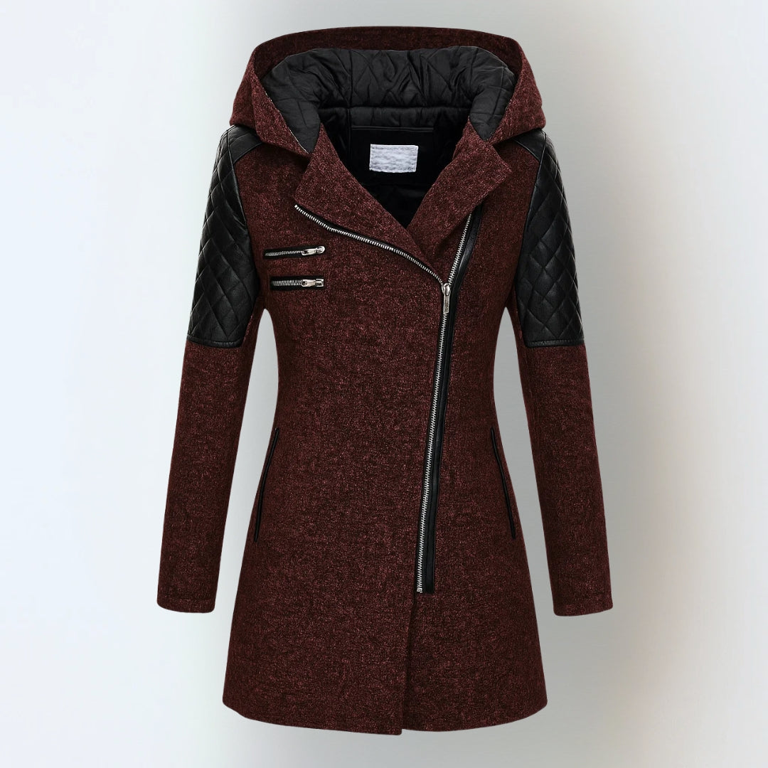 Winterjacke mit Kapuze und schrägem Reißverschluss für Damen - Rot