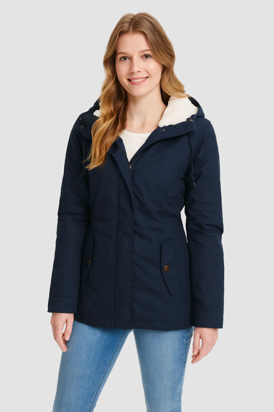 Winterjacke Damen mit Fleecefutter, leicht tailliert und Kapuze - Marineblau