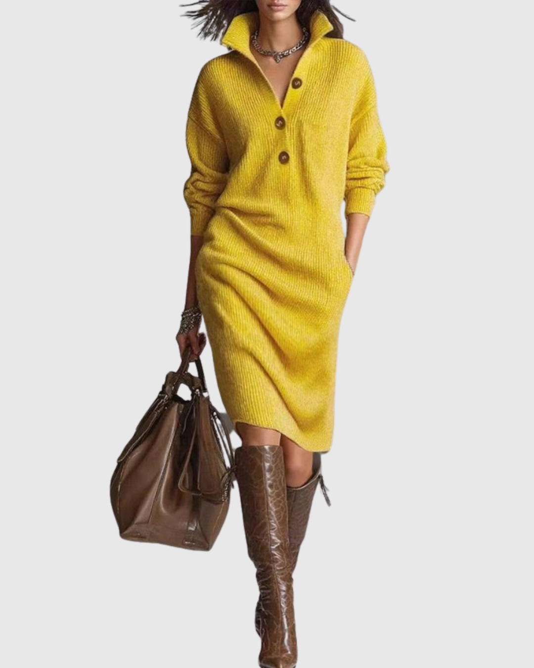 Winterkleid mit Rippstruktur und Kragen für Damen - Gelb
