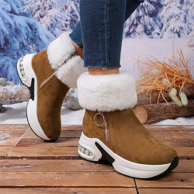 Winterboots mit Keilabsatz und Kunstfell für Damen - Kamelbraun