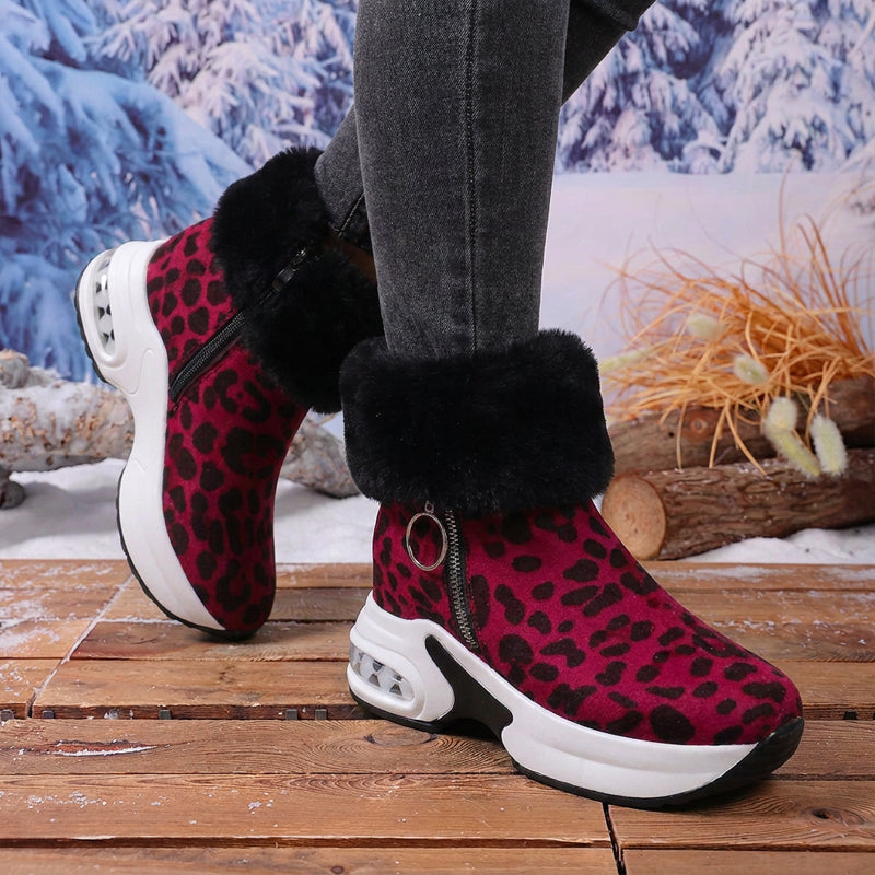 Winterboots mit Keilabsatz und Kunstfell für Damen - Rot mit Leopardenmuster
