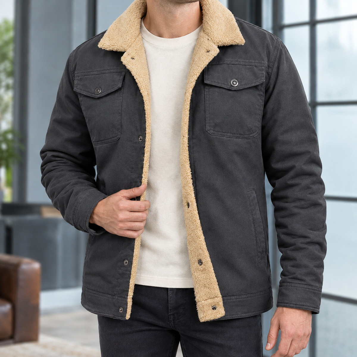 Winterjacke mit Fleecefutter und Druckknöpfen für Herren