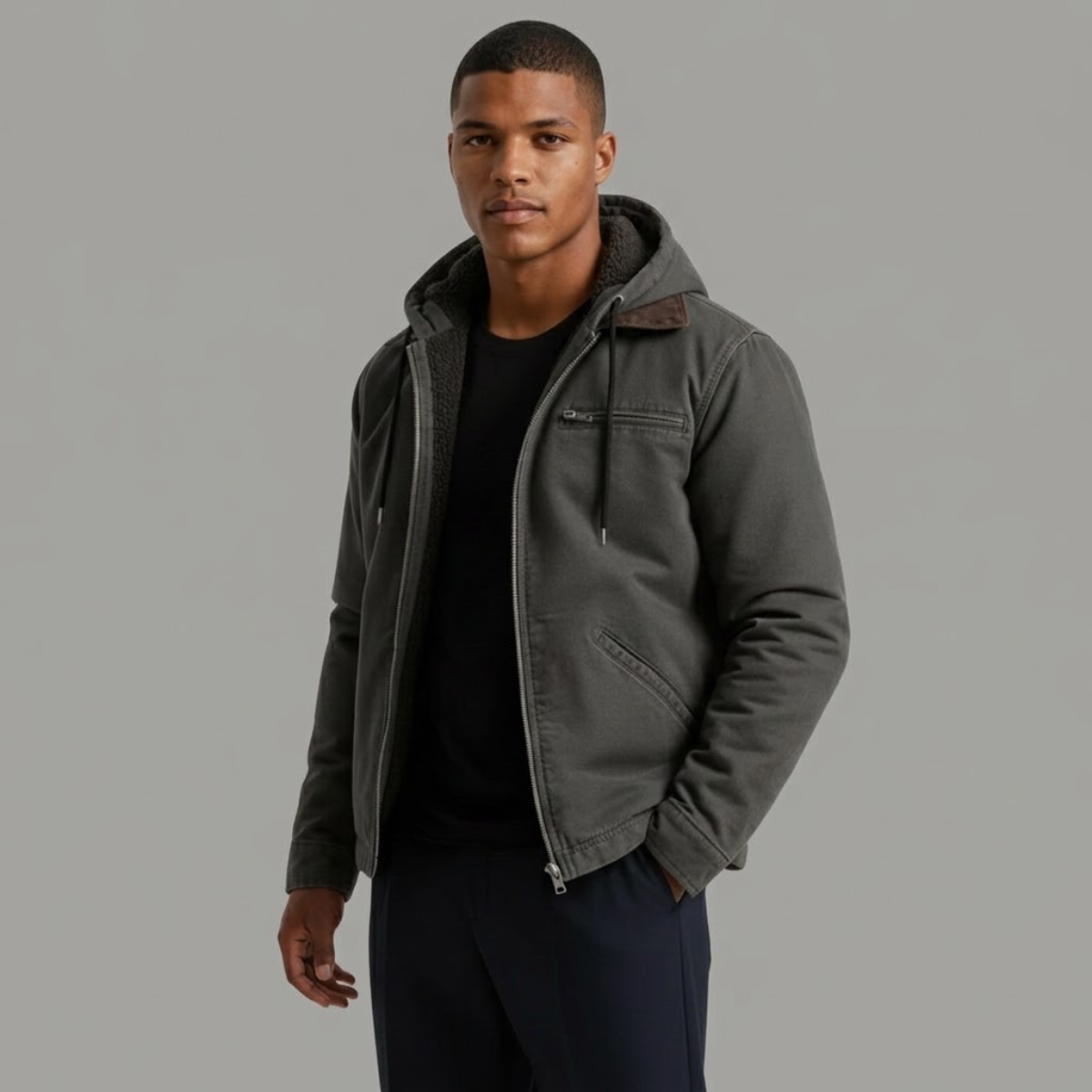 Winterjacke mit Kapuze und Rippbündchen für Herren