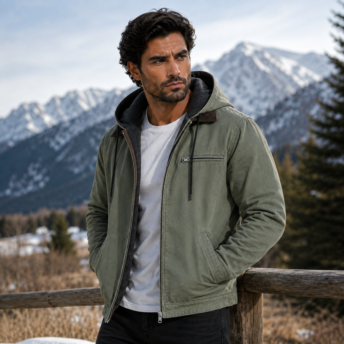Winterjacke mit Kapuze und Rippbündchen für Herren