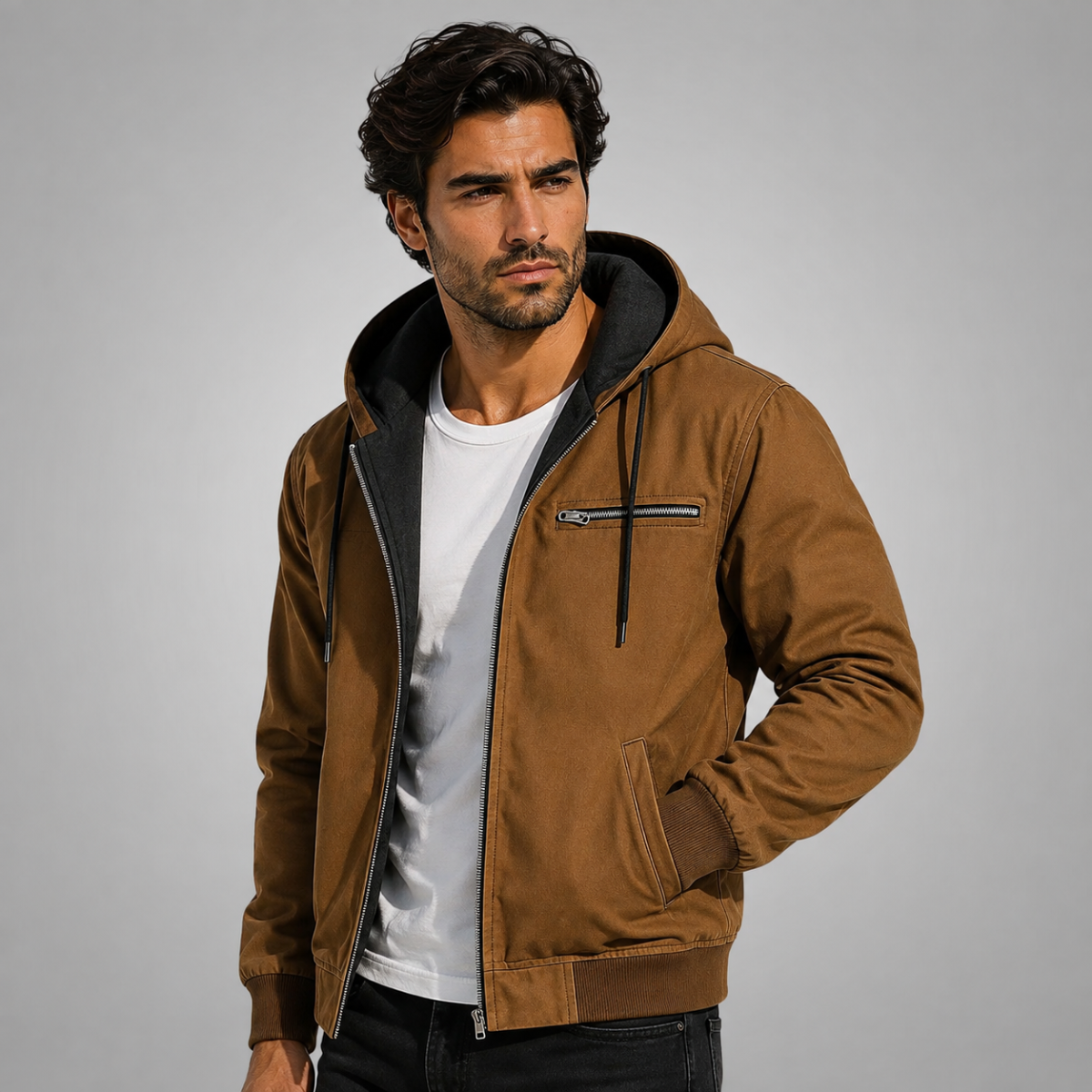 Winterjacke mit Kapuze und Rippbündchen für Herren