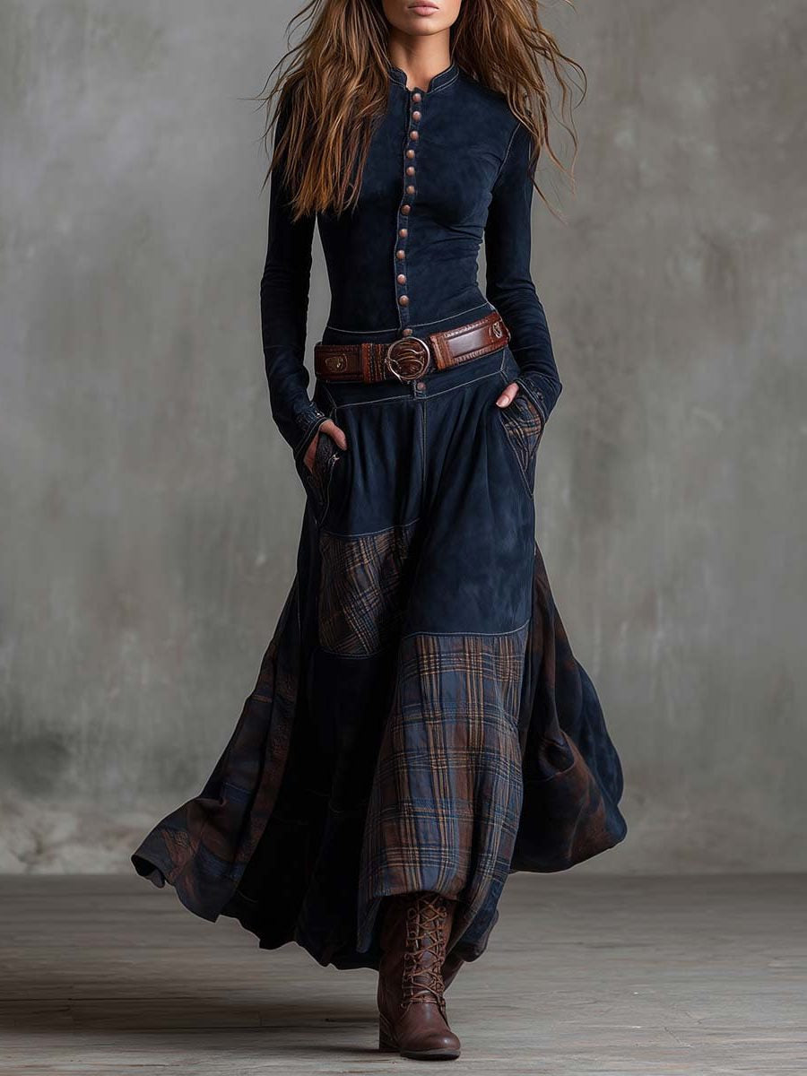Winterkleid mit Karoeinsätzen und Gürtel für Damen