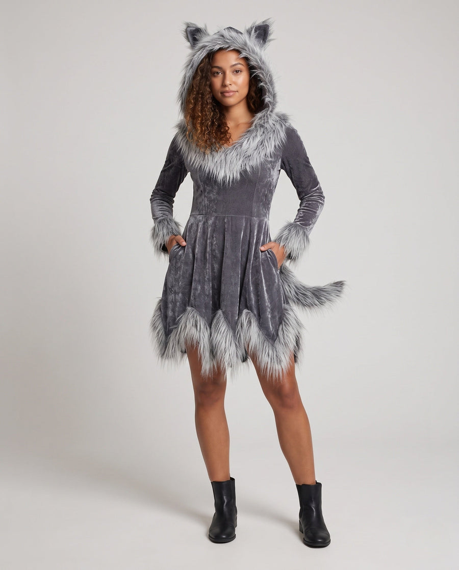 Winterkleid mit Pelzkragen und fließendem Schnitt für Damen