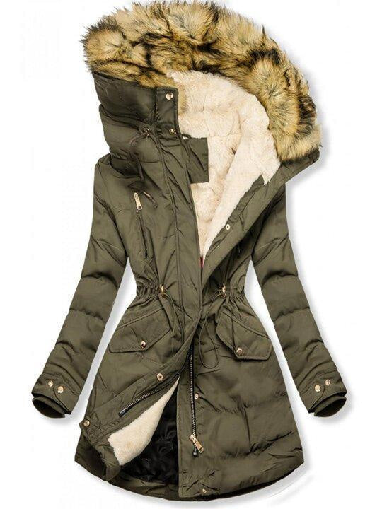 Wintermantel mit Kapuze und Fellbesatz für Damen - Olivgrün