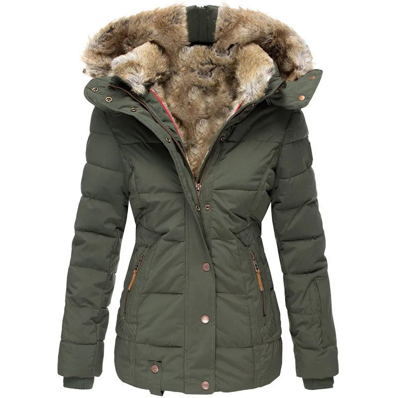 Winterjacke Damen hüftlang mit Quersteppung, Kapuze mit Kunstfellfutter und Stehkragen
