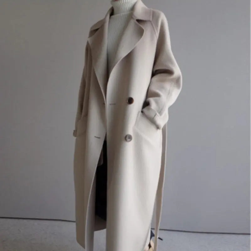 Langer Wollmantel mit Reverskragen für Damen - Beige