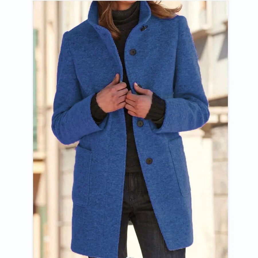Wollmantel mit Knopfverschluss für Damen - Mittelblau